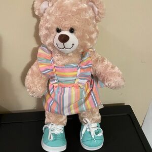 Build A Bear BABW Happy Hugs Teddy Bear Plush Striped Dress Teal Sneakers 18”